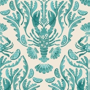 Crab and Lobster Damask Tonal Watercolor Teal on Pristine