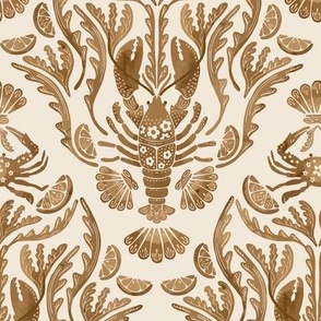 Crab and Lobster Damask Tonal Watercolor - Sepia Brown on Pristine