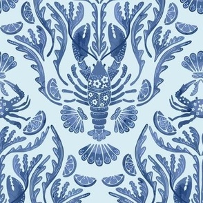 Crab and Lobster Damask Tonal Watercolor - Blue on Blue