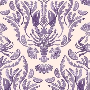 Crab and Lobster Damask Tonal Watercolor Lavender on Blush Cream