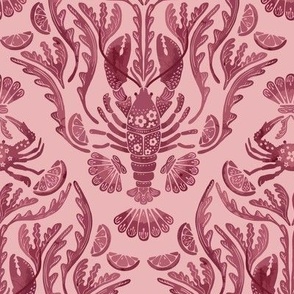 Crab and Lobster Damask Tonal Watercolor Cranberry on Berry Blossom