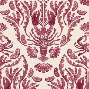 Crab and Lobster Damask Tonal Watercolor Cranberry on Pristine