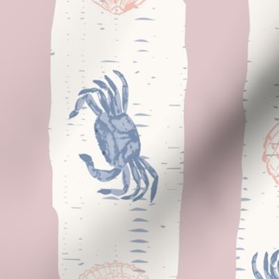 Watercolour crabs and shells with painterly stripes in peach, blue + lilac