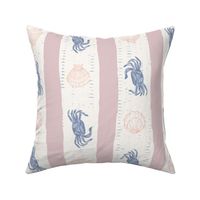 Watercolour crabs and shells with painterly stripes in peach, blue + lilac