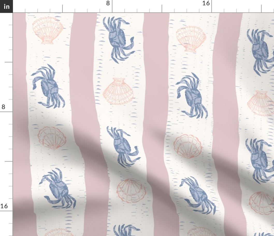 Watercolour crabs and shells with painterly stripes in peach, blue + lilac