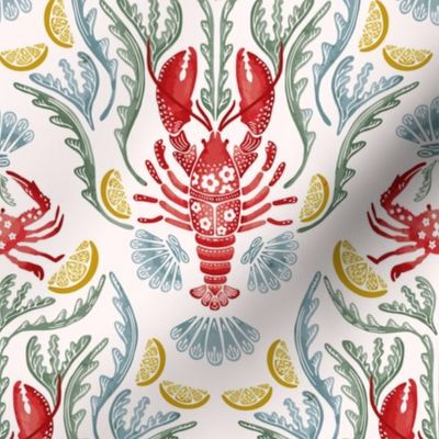 Crab and Lobster Watercolor Damask - Blush Cream