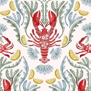 Crab and Lobster Watercolor Damask - Blush Cream
