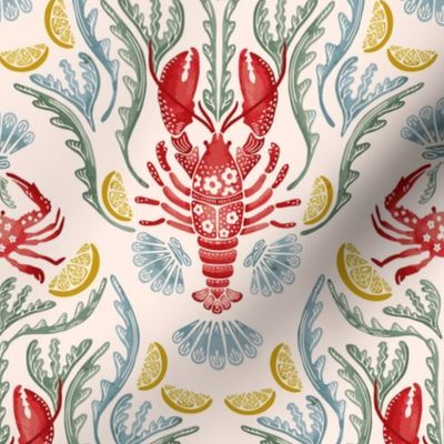 Crab and Lobster Watercolor Damask - Beige