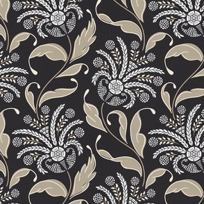 dancing fantasy floral-dark night-gold metallic wallpaper