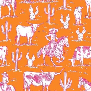 vintage western cowgirl toile western toile bright orange WB23