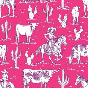 vintage western cowgirl toile western toile bright pink WB23