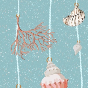 watercolor seashells and corals on mint strings on a textured light blue background - large scale