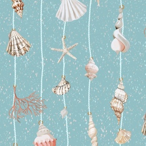 watercolor seashells and corals on mint strings on a textured light blue background - medium scale
