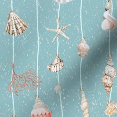 watercolor seashells and corals on mint strings on a textured light blue background - small scale