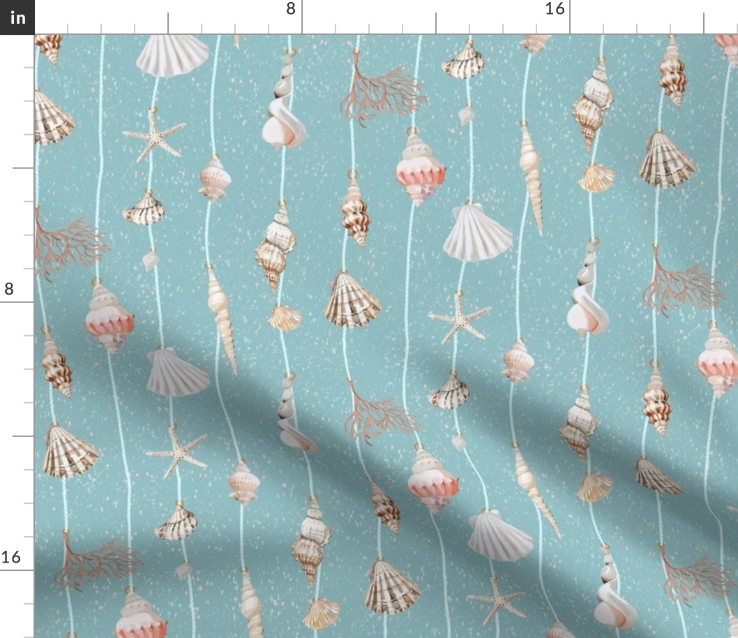 watercolor seashells and corals on mint strings on a textured light blue background - small scale