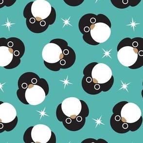 Tossed kawaii penguins and snowflakes winter wonderland on teal 