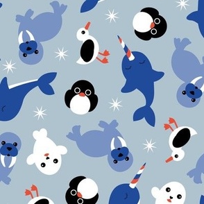 Winter Animals - Penguins Narwhal  seal seagull and walrus sea life kawaii kids design red blue 