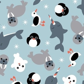 Winter Animals - Penguins Narwhal  seal seagull and walrus sea life kawaii kids design vintage blue palette 