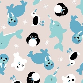 Winter Animals - Penguins Narwhal  seal seagull and walrus sea life kawaii kids design boys teal blue on sand 