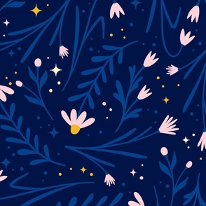 (L) celestial floral night sky with stars in folk art style - dark blue