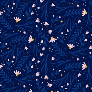 (M) celestial floral night sky with stars in folk art style - dark blue