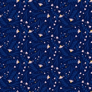 (S) celestial floral night sky with stars in folk art style - dark blue