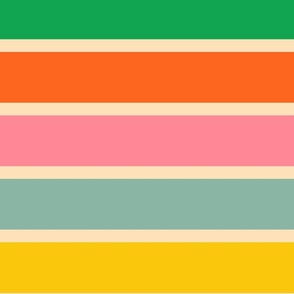 Bold-grass-green-retro-orange-teal-blue-soft-pink-bright-yellow-horizontal-stripes-on-beige--XL-jumbo