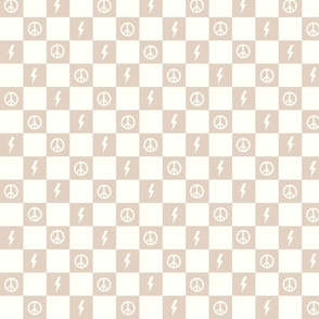 Beige Checkers-lightening and peace sign, Checkers, Checkerboard Pattern, Retro Check, Checkered