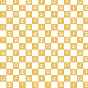 Golden Yellow Checkers-lightening and peace sign, Checkers, Checkerboard Pattern, Retro Check, Checkered