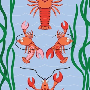 Large - Orange and Red Lobsters Dancing Under the Sea on Pastel Blue