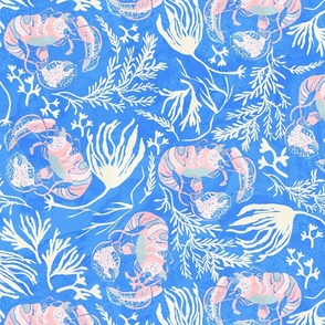 XL: Nautical Blue Pink Lobsters: Crustacean Core on English blue