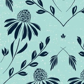 L-WITH YOU SHE BLOOMS-DARK BLUE ON TURQUOISE-daisy, damask, flock, wallpaper, floral, botanical, hand painted, textured and tonal