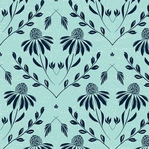M-WITH YOU SHE BLOOMS-DARK BLUE ON TURQUOISE-daisy, damask, flock, wallpaper, floral, botanical, hand painted, textured and tonal