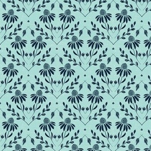 S-WITH YOU SHE BLOOMS-DARK BLUE ON TURQUOISE-daisy, damask, flock, wallpaper, floral, botanical, hand painted, textured and tonal