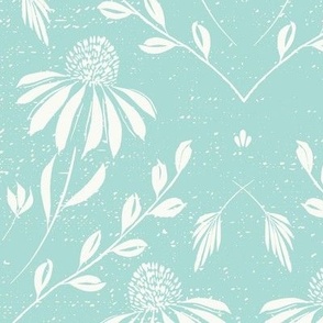 L-WITH YOU SHE BLOOMS-TURQUOISE BG-WHITE FLORAL-daisy, damask, flock, wallpaper, floral, botanical, hand painted, textured and tonal