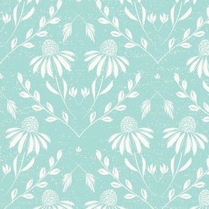M-WITH YOU SHE BLOOMS -TURQUOISE BG-WHITE FLORAL-daisy, damask, flock, wallpaper, floral, botanical, hand painted, textured and tonal