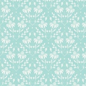 S-WITH YOU SHE BLOOMS-TURQUOISE BG-WHITE FLORAL-daisy, damask, flock, wallpaper, floral, botanical, hand painted, textured and tonal