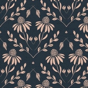 M-WITH YOU SHE BLOOMS-BEIGE ON DARK BLUE-daisy, damask, flock, wallpaper, floral, botanical, hand painted, textured and tonal