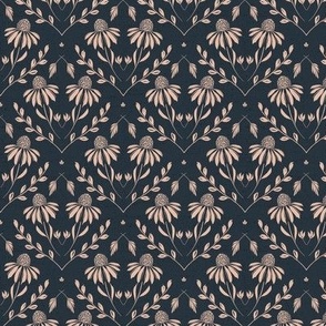 S-WITH YOU SHE BLOOMS-BEIGE ON D-BLUE-daisy, damask, flock, wallpaper, floral, botanical, hand painted, textured and tonal