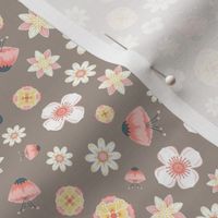 pastel flowers fantasy floral small tossed garden botanical coordinate in warm taupe stone grey gray kids childrens clothing and bedding