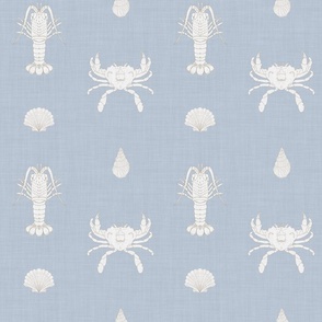 Lobster, Crab and Shell Lattice, Pale Blue and White Coastal Linen Texture, Med