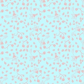 Tiny leaves and vines pale pink on baby blue 