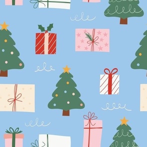 Medium // Christmas Trees and Christmas Presents in Pink and Red on Blue