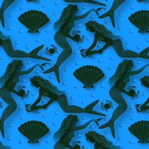 Crustaceans, shells and mermaids - green on blue