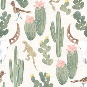 Desert Skull and Cactus Floral in Rustic Cream Wallpaper (Jumbo)