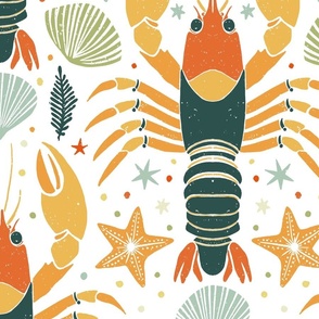 crustacean core block print large - vintage lobster with seashell and starfish on white - vintage nautical wallpaper