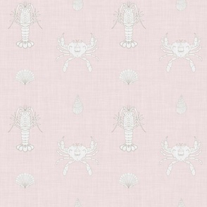 Lobster, Crab and Shell Lattice, Pale Pink and White Coastal Linen Texture, Med