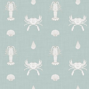 Lobster, Crab and Shell Lattice, Mint Green, White Coastal Linen Texture, Med