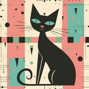 Retro Mid-Century Modern Pink and Teal Cat