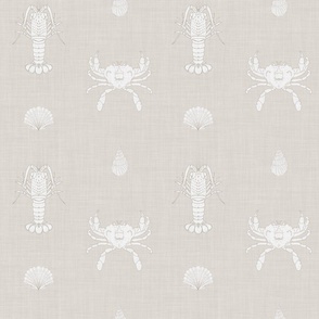 Lobster, Crab and Shell Lattice, Beige and White Coastal Linen Texture, Medium